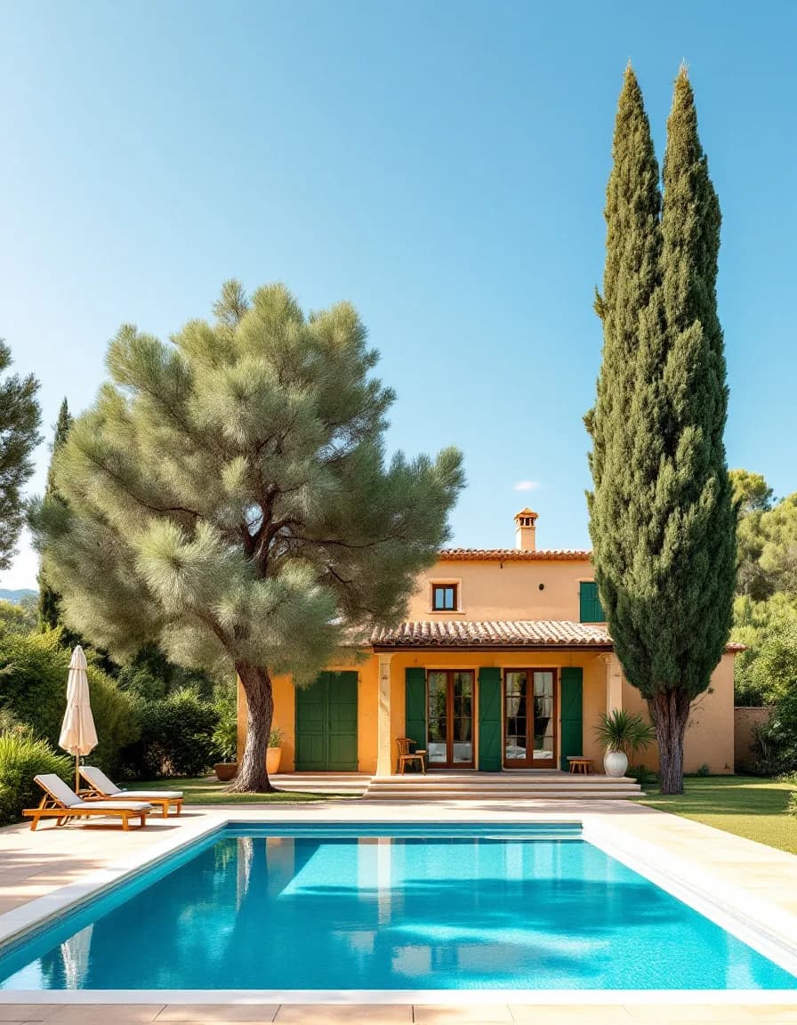 Traditional Mallorcan finca with a large pool, palms and olive trees